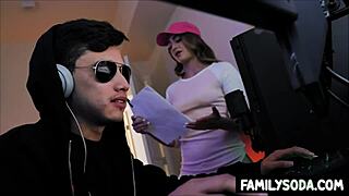 gamer stepbro gives teen stepsis blowjob and bangs her in pov group creampie scene