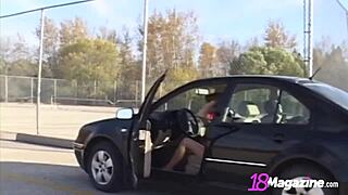 Petite girl Andi Pink shows off her small breasts and wet pussy while parking