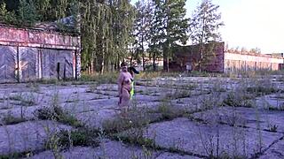 Outdoor striptease of a hot bbw in a miniskirt