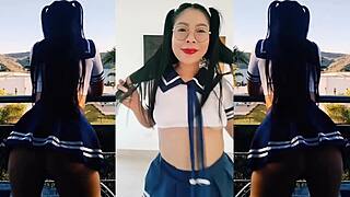 Horny Japanese Student Eats Big Cocks