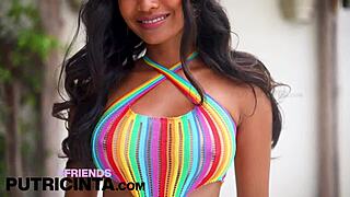 dude, check putri cinta in that colorful dress! she strips down to reveal her tight ass hole.