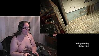 Naked brunette plays Outlast with natural tits in part 3