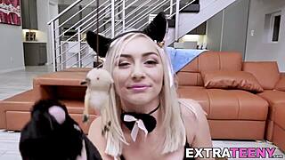 petite blonde in kitty cat suit, bent over for blowjob, gets her tight ass rammed by monster cock while showing tits