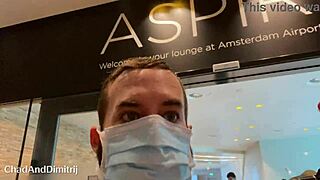 in a daring move, a guy gets a public blowjob with facial in amsterdam airport toilets.