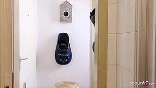 blonde german girlfriend cheats with black guy at wild party in bathroom.