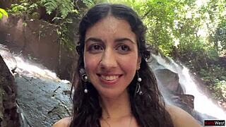 Crazy cumwalk splashing across a public waterfall