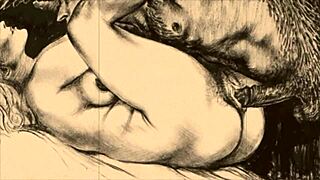 Vintage erotic cartoon illustration from retro anime hentai