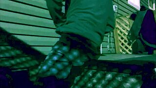 Time lapse stretch against steps at night with lattice shadow on ass and legs.