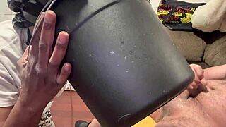 Kneeling slut facefucked hard while drinking puke from dirty bucket