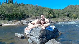 Public beach and bus action ends in huge double cumshot