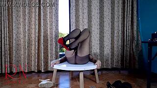 Hot MILF in pantyhose undressing at the round table
