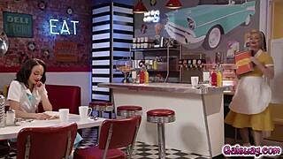 Waitress Serene Siren dances with customer Alexis Tae, kissing deeply. Their interracial encounter heats up with face sitting.