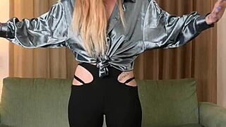 Hazel Ash models shiny shirt and leggings in hot POV 😍