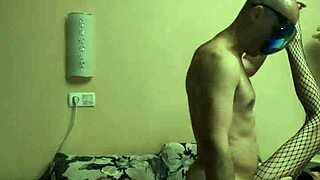 Skinny European cowgirl in fishnet bodysuit rides cock deep in both tight holes