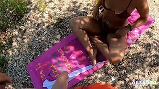 Sexy striptease leads to doggystyle ass shaking and face fucking in garage