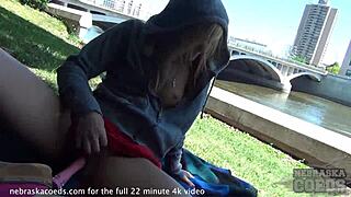 Hot college student strips naked and flashes small tits in downtown Cedar Rapids Iowa.