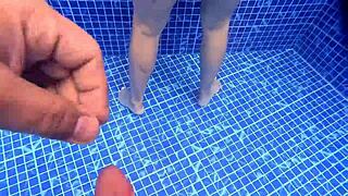 Nalgona Surprised Masturbating in Pool Gets Fucked Hard in Water