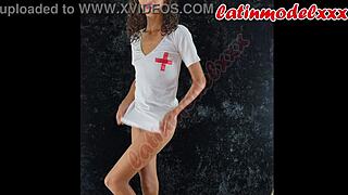 Wow! Sexy nurse photoshoot with skinny Latina showing pussy and ass!