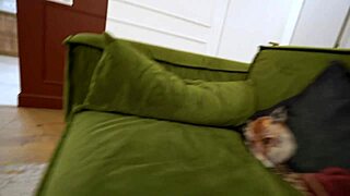 In the bathroom, she catches him watching and they engage in passionate fucking leading to orgasm