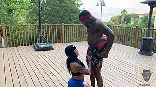 Basketball game heats up as Rome Major drills Monica Santhiago with deep thrusts.