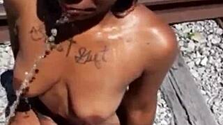 Wow! Fisherman spots ebony MILF stripper on the run, showers her with dirty action!