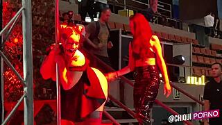 A fat slut from the audience on the set gets waxed
