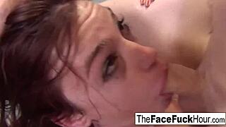 Ginger slut takes rough face fucking with no mercy from babe