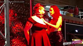 A fat slut from the audience on the set gets waxed