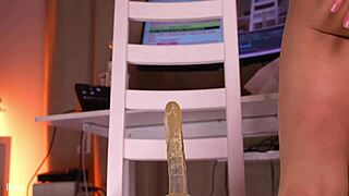 Blonde dancing with dildo between legs, fucking ass and pussy