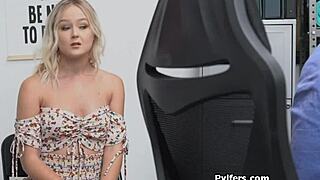 Drilling young blonde lady on the desktop in work setting