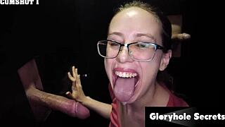 nerdy brunette pleasures herself after gloryhole blowjobs