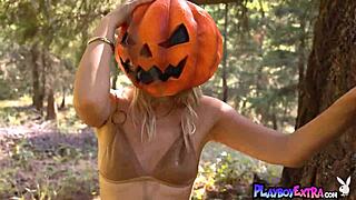 Petite Canadian blondie celebrates Halloween in nature
