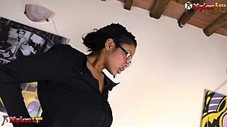 Black girl in stockings rides dildo and gives footjob
