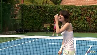 The lesbians interrupt the tennis match outdoors, their trimmed pussies aching for 69 licking and tribbing