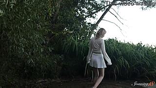 Wow, teen temptress Alice Flore diddles her shaved pussy on camping day!