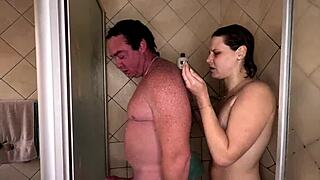 Sexy hot shower turns into blowjob and handjob with pierced nipples slut handling big cock.
