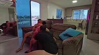 Horny Housewife Blows Husband And Friend