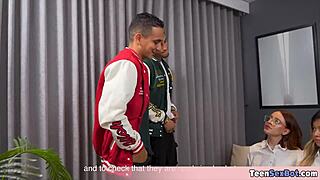 cute geek teen rough fucked by two latin alphas in school corridor