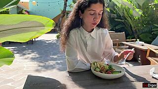 I’m stunned seeing cum drip on her face in a public cafe