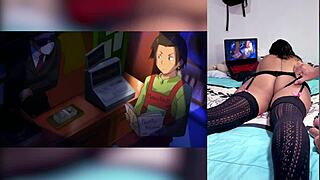 Reacting to hentai blowjobs with throat semen and big tits, loving my stepbrother's big ass display 😍