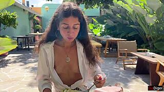 I’m stunned seeing cum drip on her face in a public cafe