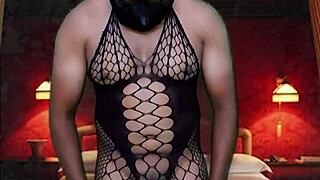 Try on haul wearing full body stocking from naked with blue masquerade with collared in sexy room