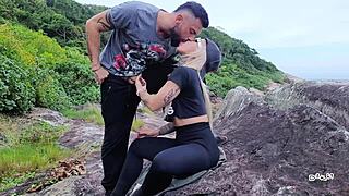 Vacation step-sister at beach for oral fun