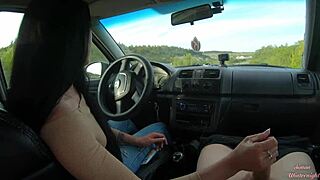 Housewife gives public car handjob to neighbor slut.