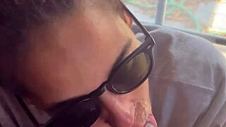 lightskin ebony step-sister teasing with blowjob by window, gets cum on face as boyfriend searches