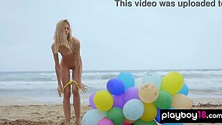Skinny Italian milf blondie plays with balloons on the beach