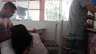 See breakfast in cuck house - friend fucks latina wife while husband washes dishes!