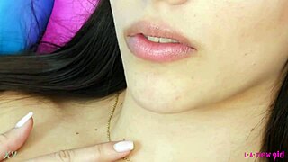 Enchanting brunette teen 18+ shows sexy body on sofa in solo pov! Milf mommy watches petite beauty.