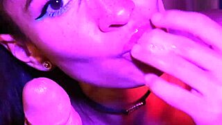 petite 18+ neighbor moans during deepthroat blowjob in neon night, swallowing cum in pov masturbation session