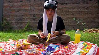 Lara's outdoor picnic vomit fetish movie.